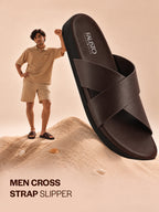 Men Brown Criss Cross Strap Open Toe Sliders with Extra Soft Cushioned Footbed for All Day Comfort | Indoor, Travel, Walking Slipper with Slip Resistant Sole