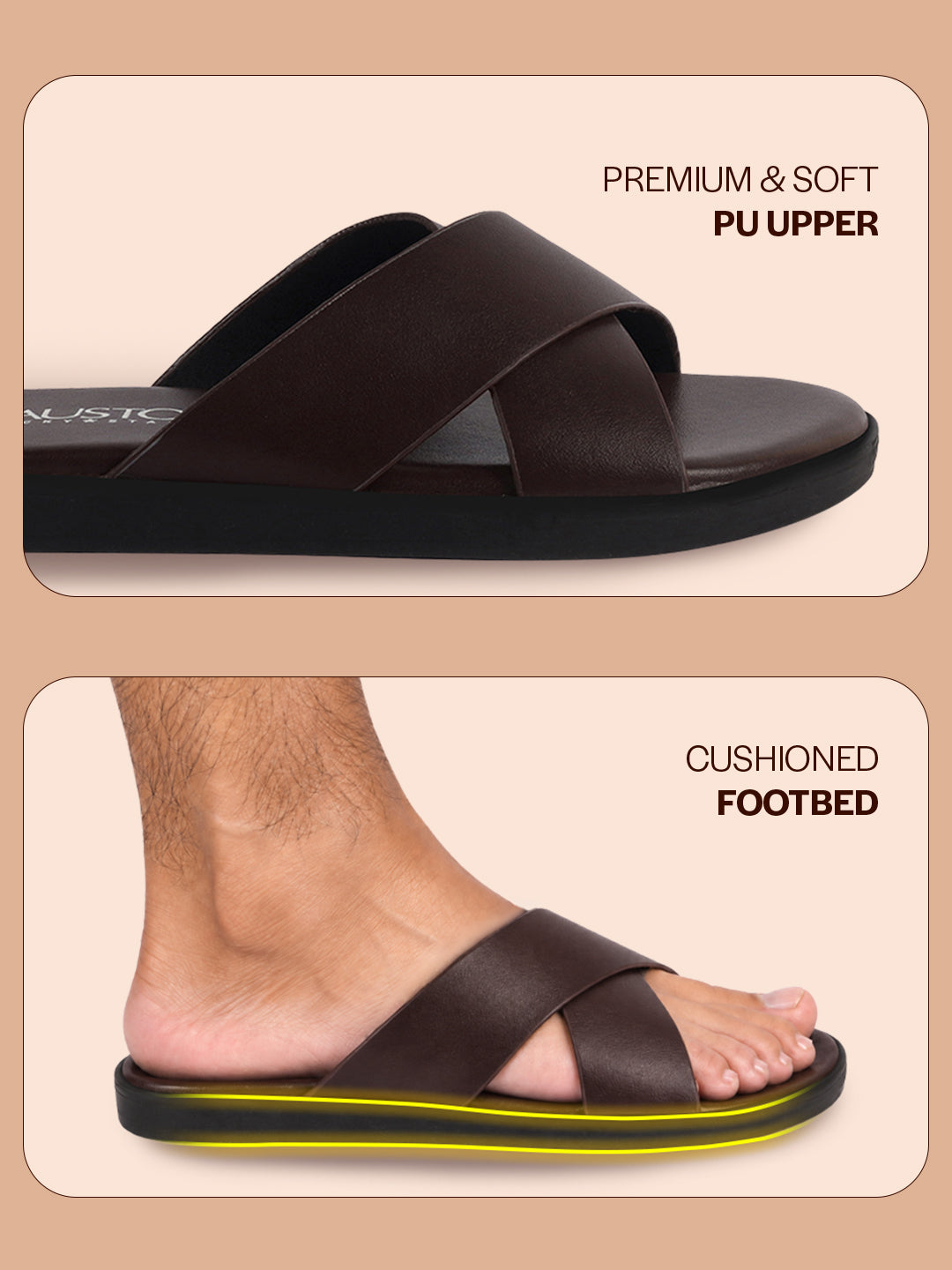 Men Brown Criss Cross Strap Open Toe Sliders with Extra Soft Cushioned Footbed for All Day Comfort | Indoor, Travel, Walking Slipper with Slip Resistant Sole