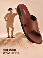 Men Tan Criss Cross Strap Open Toe Sliders with Extra Soft Cushioned Footbed for All Day Comfort | Indoor, Travel, Walking Slipper with Slip Resistant Sole