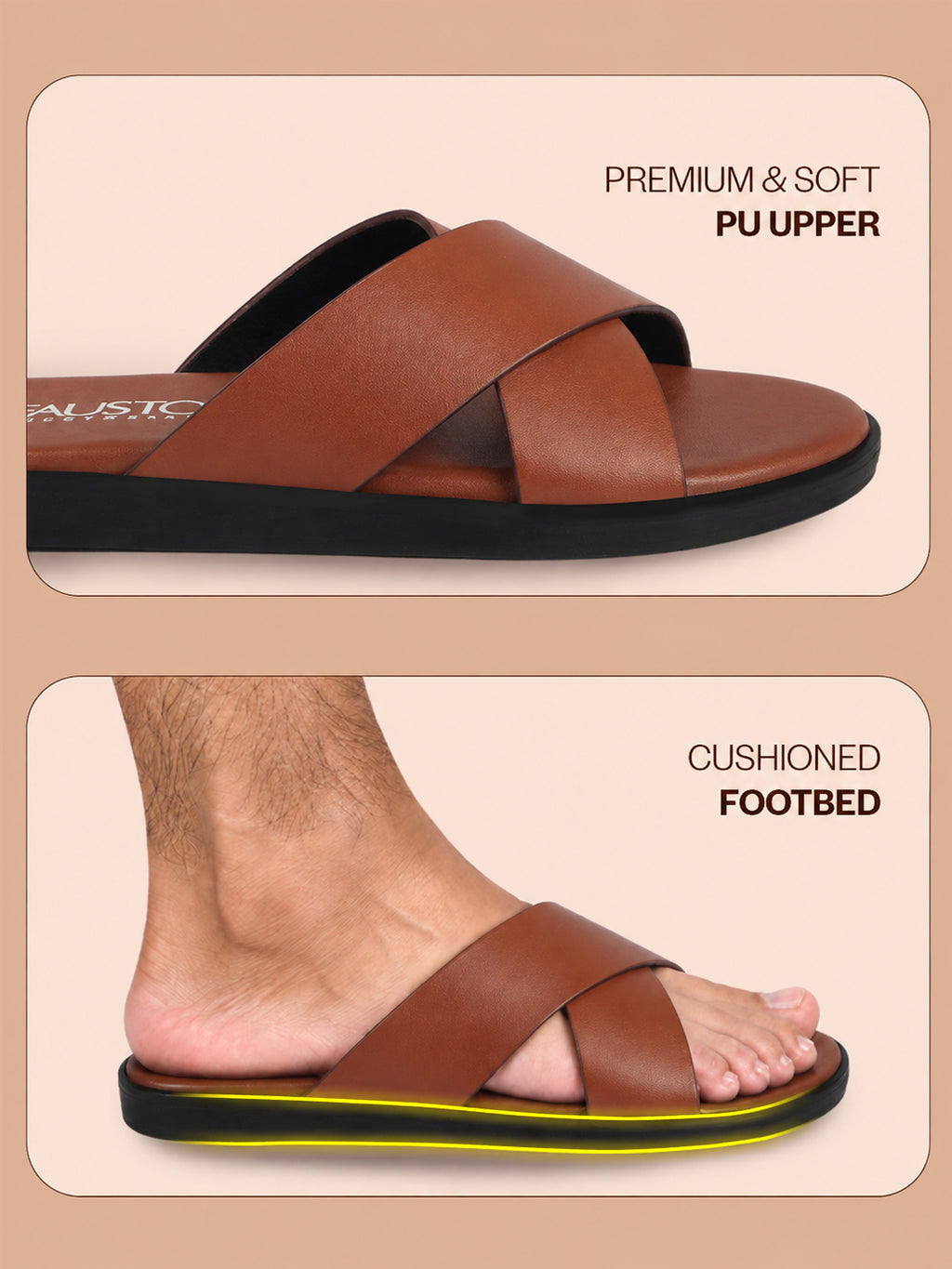 Men Tan Criss Cross Strap Open Toe Sliders with Extra Soft Cushioned Footbed for All Day Comfort | Indoor, Travel, Walking Slipper with Slip Resistant Sole