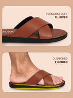 Men Tan Criss Cross Strap Open Toe Sliders with Extra Soft Cushioned Footbed for All Day Comfort | Indoor, Travel, Walking Slipper with Slip Resistant Sole