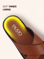 Men Tan Criss Cross Strap Open Toe Sliders with Extra Soft Cushioned Footbed for All Day Comfort | Indoor, Travel, Walking Slipper with Slip Resistant Sole