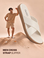 Men White Criss Cross Strap Open Toe Sliders with Extra Soft Cushioned Footbed for All Day Comfort | Indoor, Travel, Walking Slipper with Slip Resistant Sole
