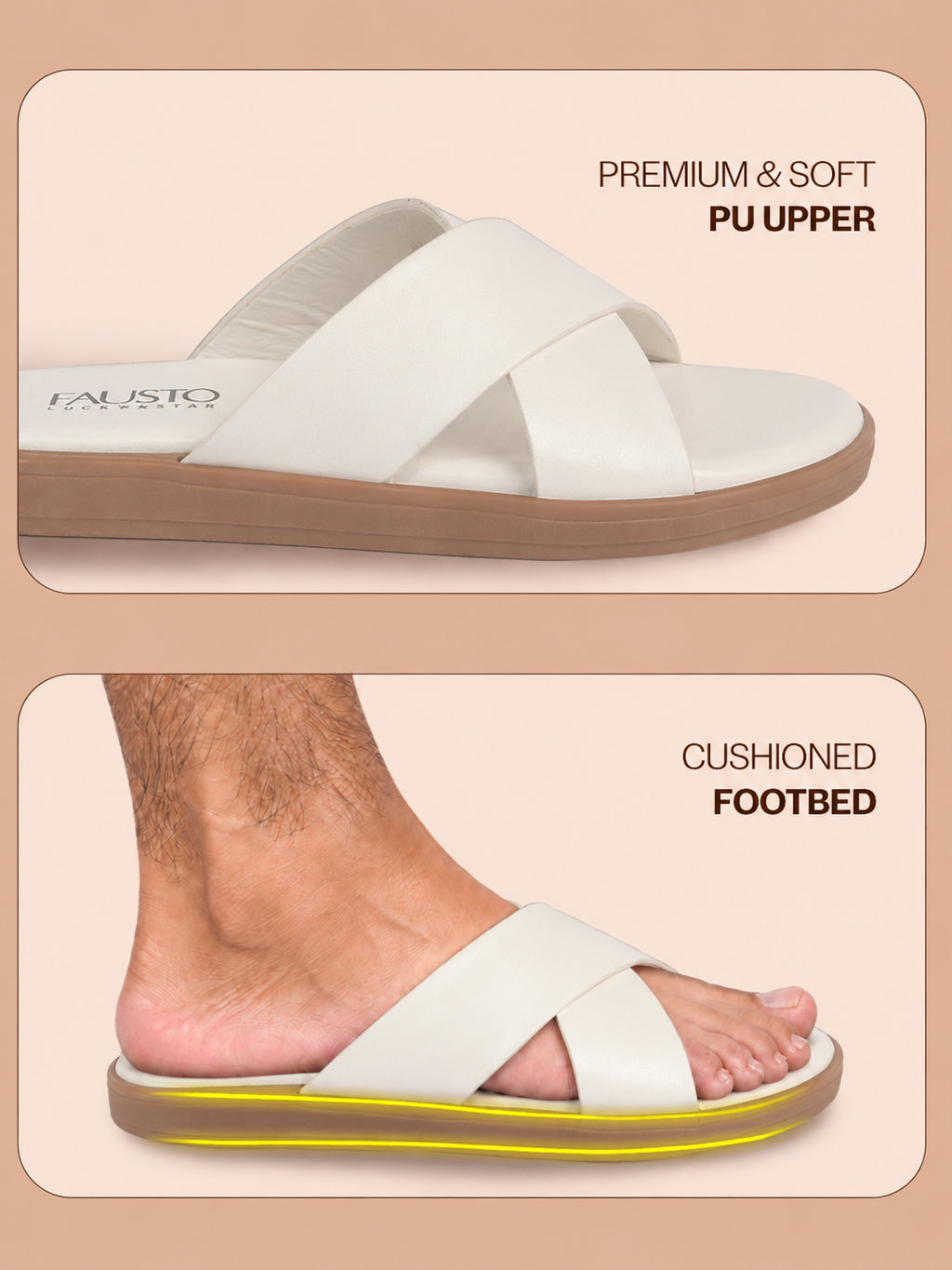 Men White Criss Cross Strap Open Toe Sliders with Extra Soft Cushioned Footbed for All Day Comfort | Indoor, Travel, Walking Slipper with Slip Resistant Sole