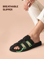 Men Black Multi Strap Closed Toe Breathable Slip On Slippers with Soft Cushioned Footbed for All Day Comfort | Indoor, Travel, Walking Sliders with Slip Resistant Sole