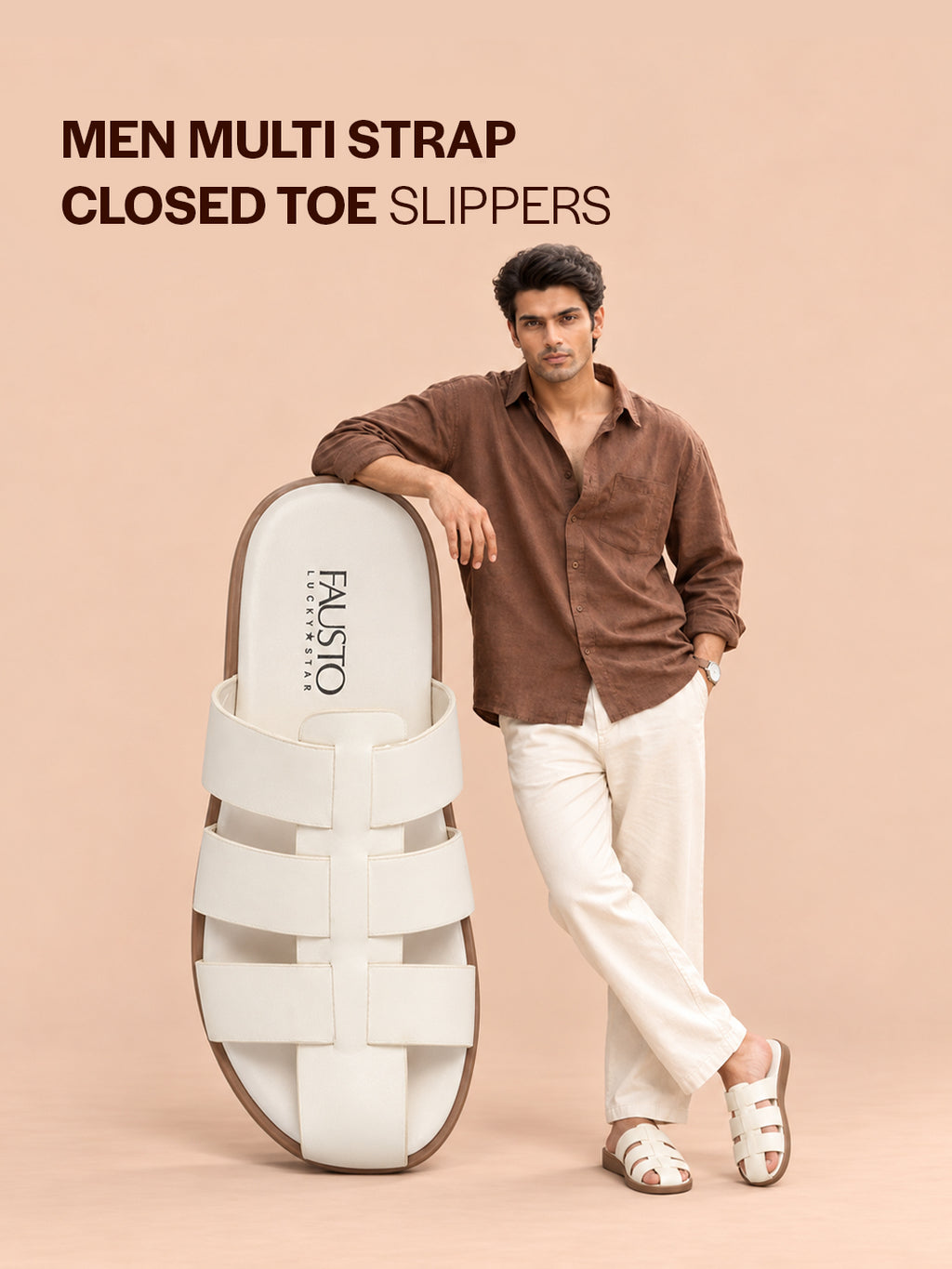 Men White Multi Strap Closed Toe Breathable Slip On Slippers with Soft Cushioned Footbed for All Day Comfort | Indoor, Travel, Walking Sliders with Slip Resistant Sole
