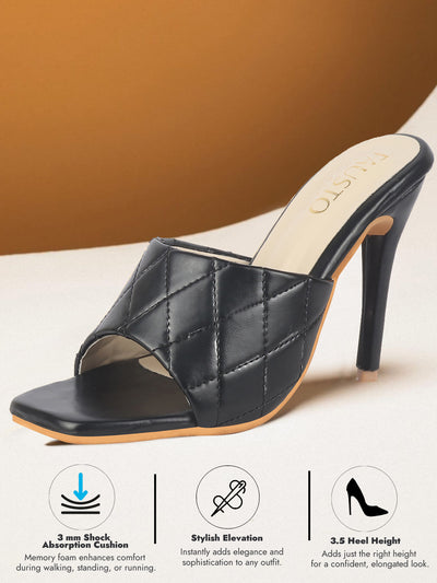 Women Black Open Toe Quilted Stiletto Heel Slip-On Slipper Sandals|Soft Padded Insole|Semi Formals Outfit Sandals