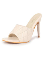Women Cream Open Toe Quilted Stiletto Heel Slip-On Slipper Sandals|Soft Padded Insole|Semi Formals Outfit Sandals