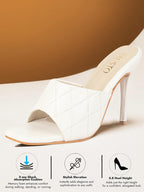 Women White Open Toe Quilted Stiletto Heel Slip-On Slipper Sandals|Soft Padded Insole|Semi Formals Outfit Sandals