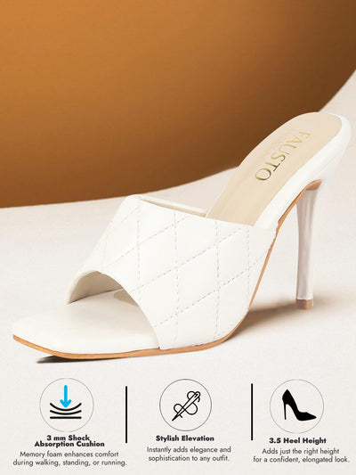 Women White Open Toe Quilted Stiletto Heel Slip-On Slipper Sandals|Soft Padded Insole|Semi Formals Outfit Sandals