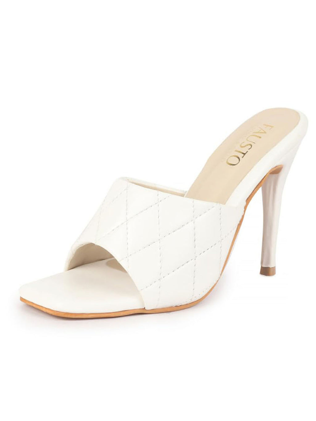 Women White Open Toe Quilted Stiletto Heel Slip-On Slipper Sandals|Soft Padded Insole|Semi Formals Outfit Sandals