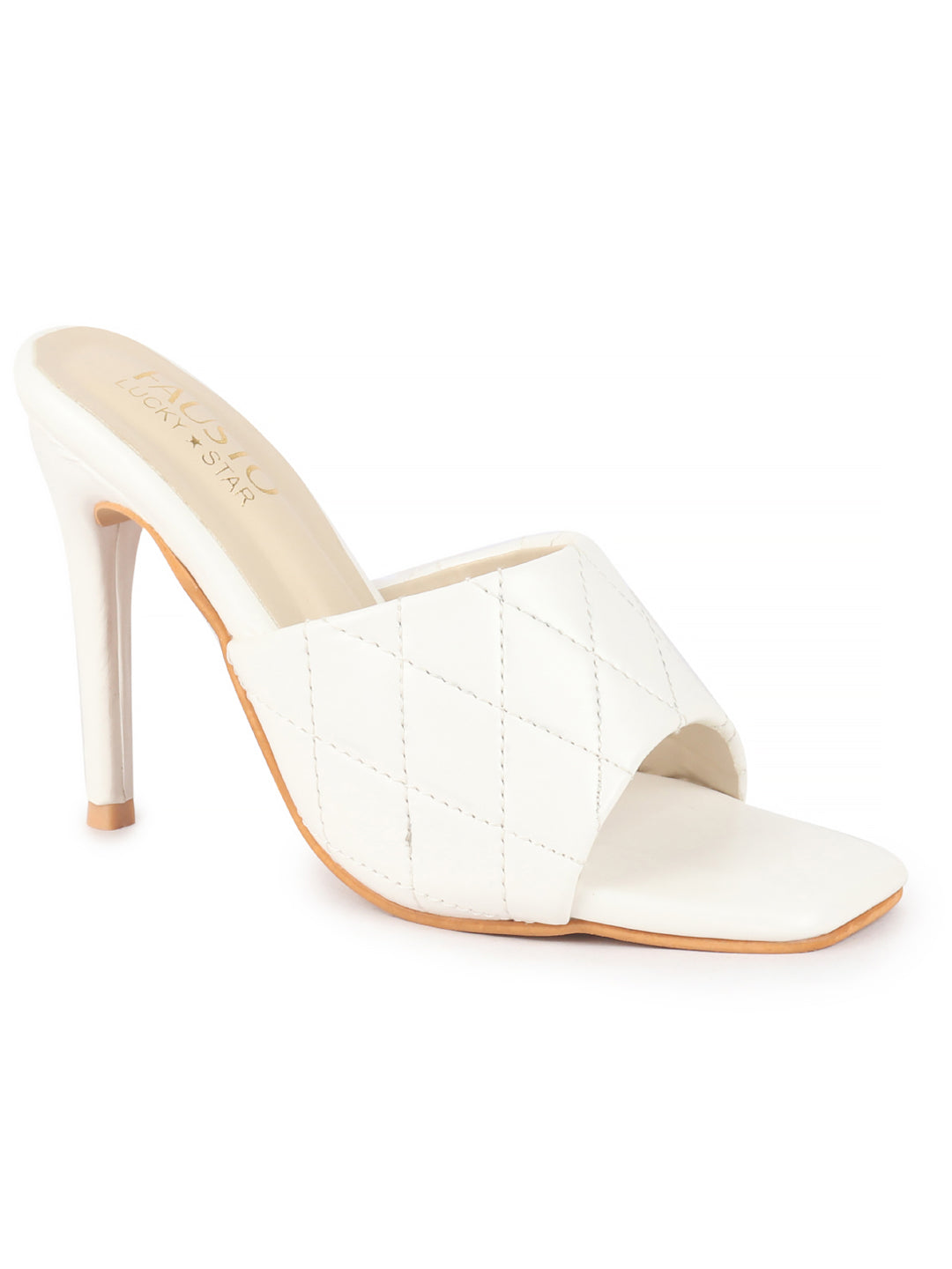 Women White Open Toe Quilted Stiletto Heel Slip-On Slipper Sandals|Soft Padded Insole|Semi Formals Outfit Sandals