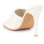 Women White Open Toe Quilted Stiletto Heel Slip-On Slipper Sandals|Soft Padded Insole|Semi Formals Outfit Sandals