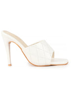 Women White Open Toe Quilted Stiletto Heel Slip-On Slipper Sandals|Soft Padded Insole|Semi Formals Outfit Sandals