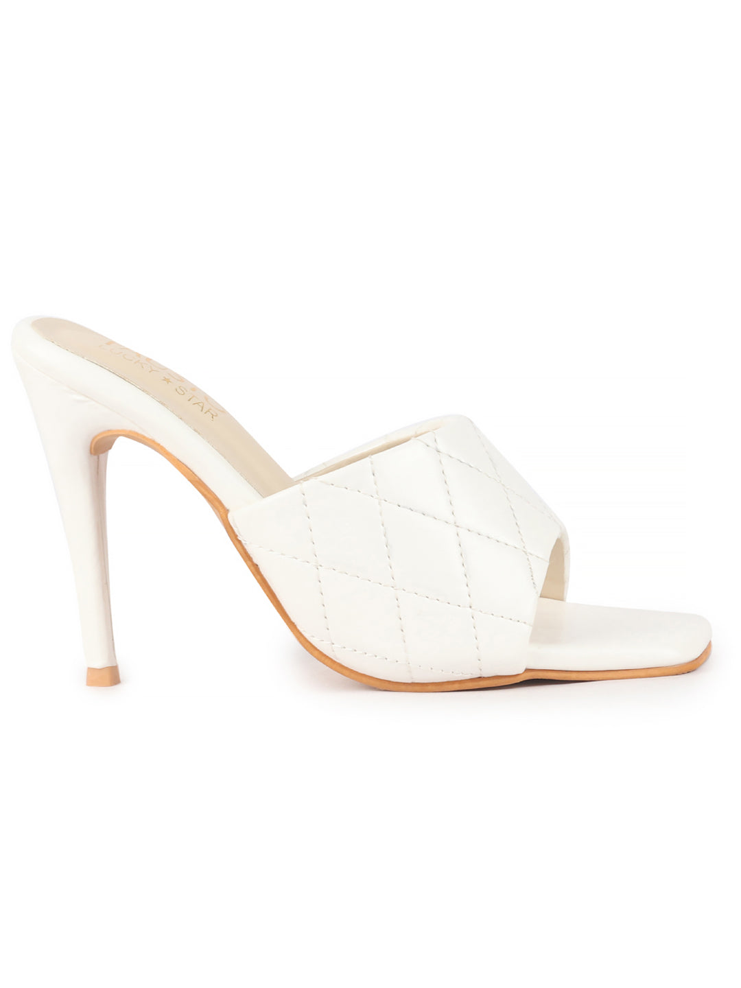 Women White Open Toe Quilted Stiletto Heel Slip-On Slipper Sandals|Soft Padded Insole|Semi Formals Outfit Sandals