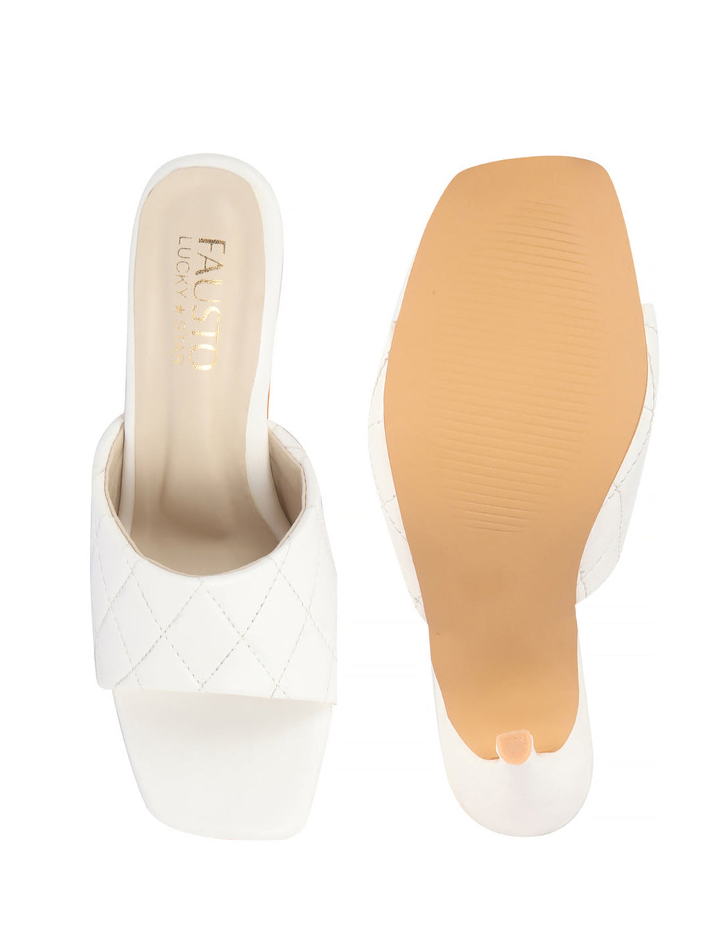 Women White Open Toe Quilted Stiletto Heel Slip-On Slipper Sandals|Soft Padded Insole|Semi Formals Outfit Sandals