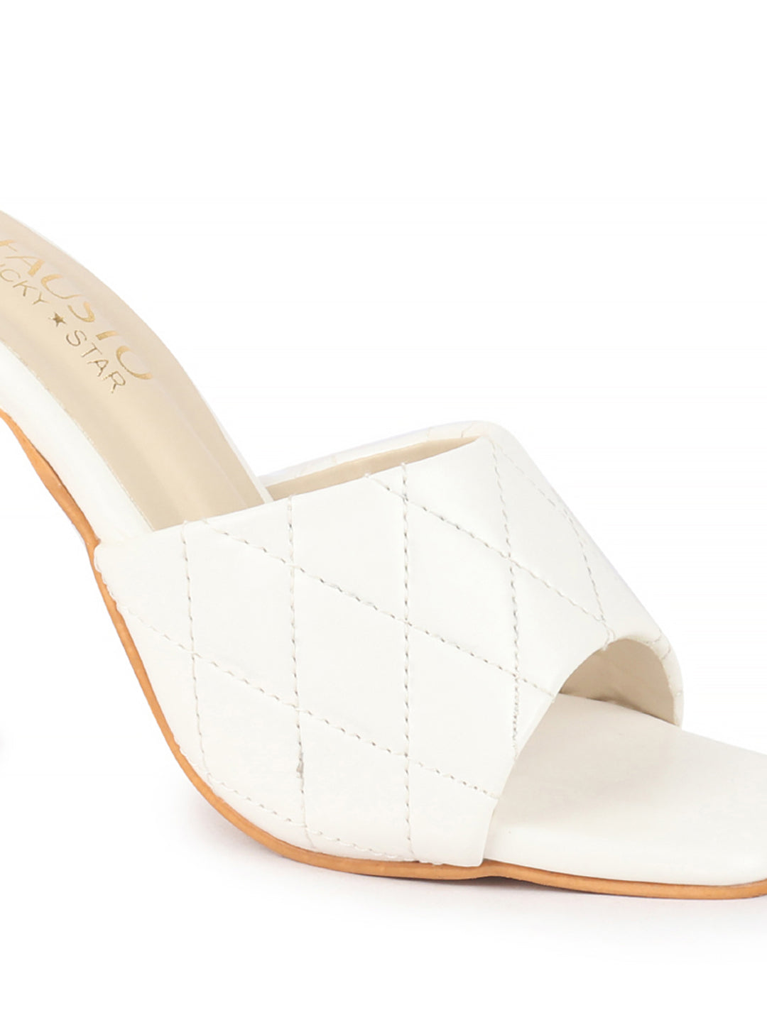 Women White Open Toe Quilted Stiletto Heel Slip-On Slipper Sandals|Soft Padded Insole|Semi Formals Outfit Sandals