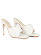 Women White Open Toe Quilted Stiletto Heel Slip-On Slipper Sandals|Soft Padded Insole|Semi Formals Outfit Sandals