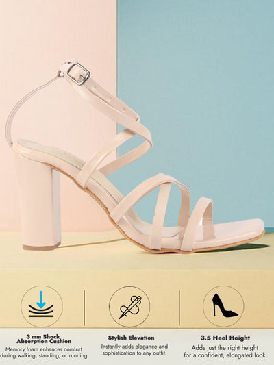 Women Beige Open Toe Quilted Block Heel High Ankle Adjustable Backstrap Slipper Sandals|Soft Padded Insole|Western Outfit Gladiator Sandals