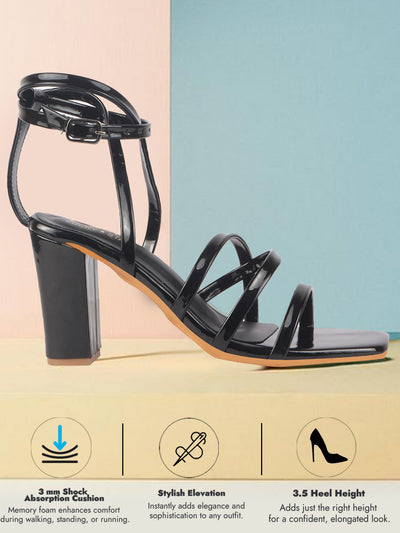 Women Black Open Toe Quilted Block Heel High Ankle Adjustable Backstrap Slipper Sandals|Soft Padded Insole|Western Outfit Gladiator Sandals