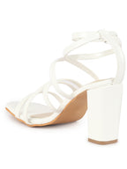 Women White Open Toe Quilted Block Heel High Ankle Adjustable Backstrap Slipper Sandals|Soft Padded Insole|Western Outfit Gladiator Sandals