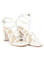 Women White Open Toe Quilted Block Heel High Ankle Adjustable Backstrap Slipper Sandals|Soft Padded Insole|Western Outfit Gladiator Sandals