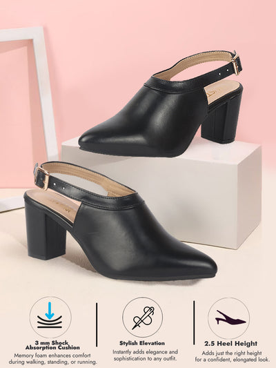Women Black Pointed Toe Block Heel Adjustable Backstrap Shoe Style Sandals|Soft Padded Insole|Semi Formal Outfit Sandals