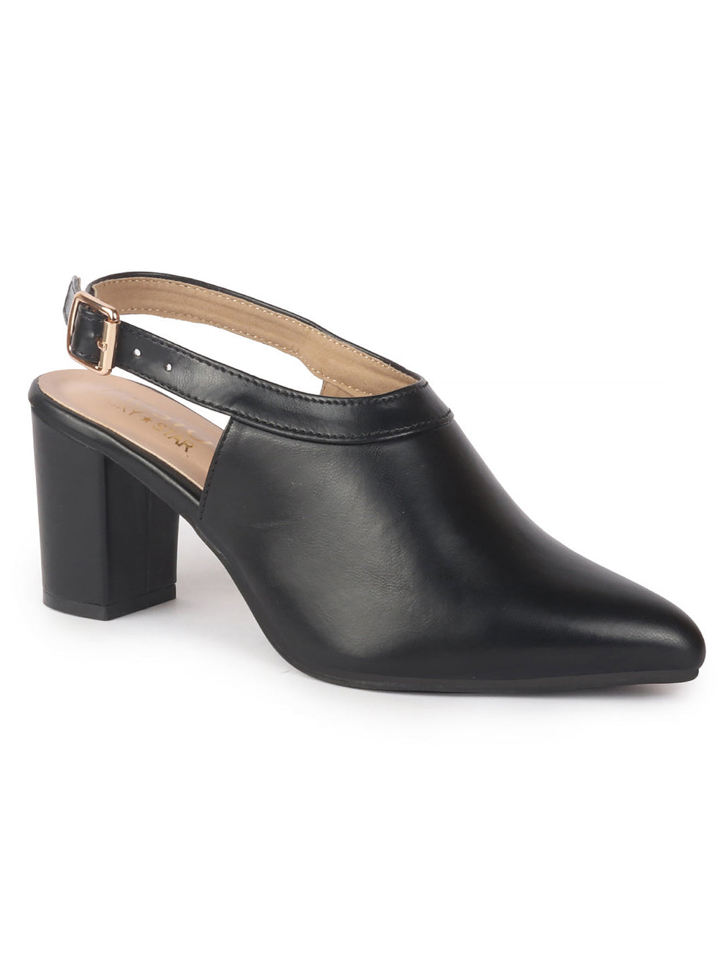 Women Black Pointed Toe Block Heel Adjustable Backstrap Shoe Style Sandals|Soft Padded Insole|Semi Formal Outfit Sandals