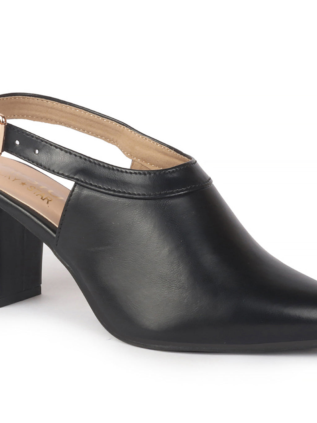 Women Black Pointed Toe Block Heel Adjustable Backstrap Shoe Style Sandals|Soft Padded Insole|Semi Formal Outfit Sandals