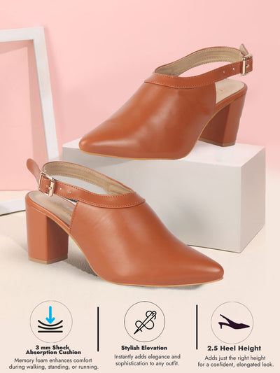 Women Tan Pointed Toe Block Heel Adjustable Backstrap Shoe Style Sandals|Soft Padded Insole|Semi Formal Outfit Sandals