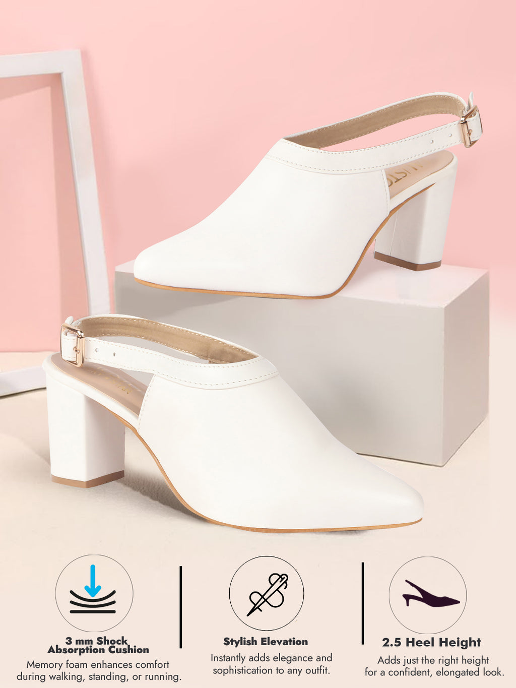 Women White Pointed Toe Block Heel Adjustable Backstrap Shoe Style Sandals|Soft Padded Insole|Semi Formal Outfit Sandals