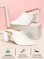 Women White Pointed Toe Block Heel Adjustable Backstrap Shoe Style Sandals|Soft Padded Insole|Semi Formal Outfit Sandals