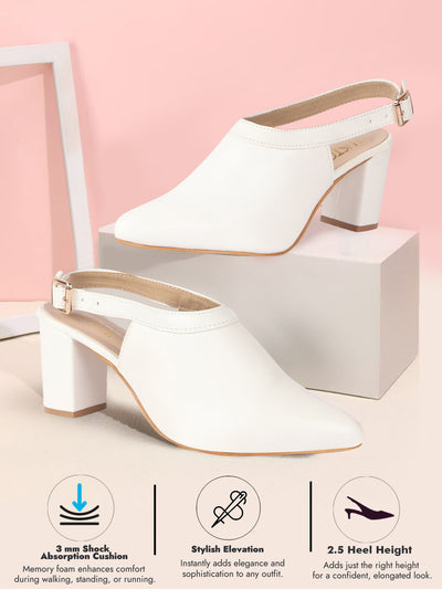 Women White Pointed Toe Block Heel Adjustable Backstrap Shoe Style Sandals|Soft Padded Insole|Semi Formal Outfit Sandals