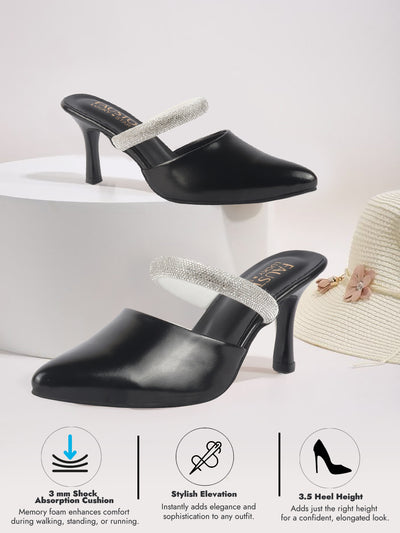 Women Black Pointed Toe Stiletto Heel Rhinestone Strap Party Shoe Style Sandals|Soft Padded Insole|Western Dress Slip On