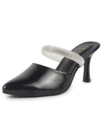 Women Black Pointed Toe Stiletto Heel Rhinestone Strap Party Shoe Style Sandals|Soft Padded Insole|Western Dress Slip On