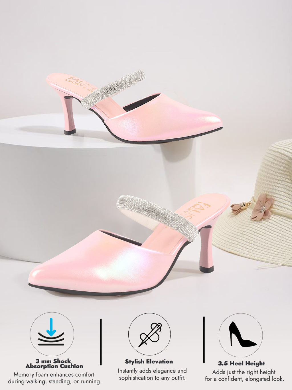 Women Pink Pointed Toe Stiletto Heel Rhinestone Strap Party Shoe Style Sandals | Soft Padded Insole | Western Dress Slip On
