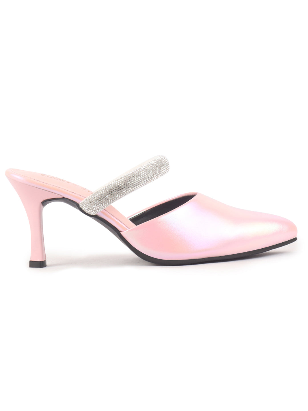 Women Pink Pointed Toe Stiletto Heel Rhinestone Strap Party Shoe Style Sandals | Soft Padded Insole | Western Dress Slip On