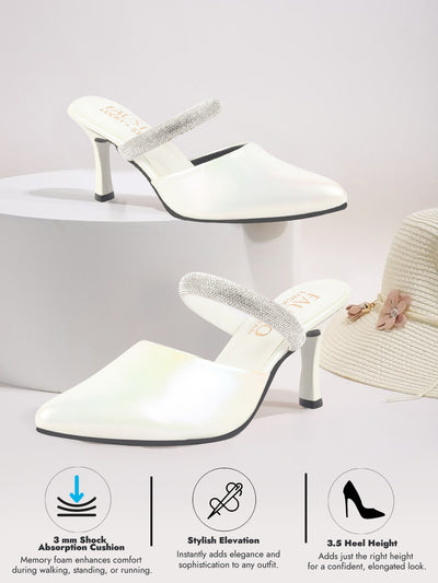 Women Silver Pointed Toe Stiletto Heel Rhinestone Strap Party Shoe Style Sandals | Soft Padded Insole | Western Dress Slip On