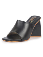 Women Black Open Square Toe Cone Block Heel Formal Slip On Sandals with Wide Vamp Strap | Elegant Slip-On 4 Inch Heel Sandals For Office, Work, Party