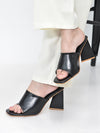 Women Black Open Square Toe Cone Block Heel Formal Slip On Sandals with Wide Vamp Strap | Elegant Slip-On 4 Inch Heel Sandals For Office, Work, Party