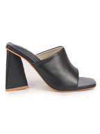 Women Black Open Square Toe Cone Block Heel Formal Slip On Sandals with Wide Vamp Strap | Elegant Slip-On 4 Inch Heel Sandals For Office, Work, Party