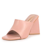 Women Pink Open Square Toe Cone Block Heel Formal Slip On Sandals with Wide Vamp Strap | Elegant Slip-On 4 Inch Heel Sandals For Office, Work, Party