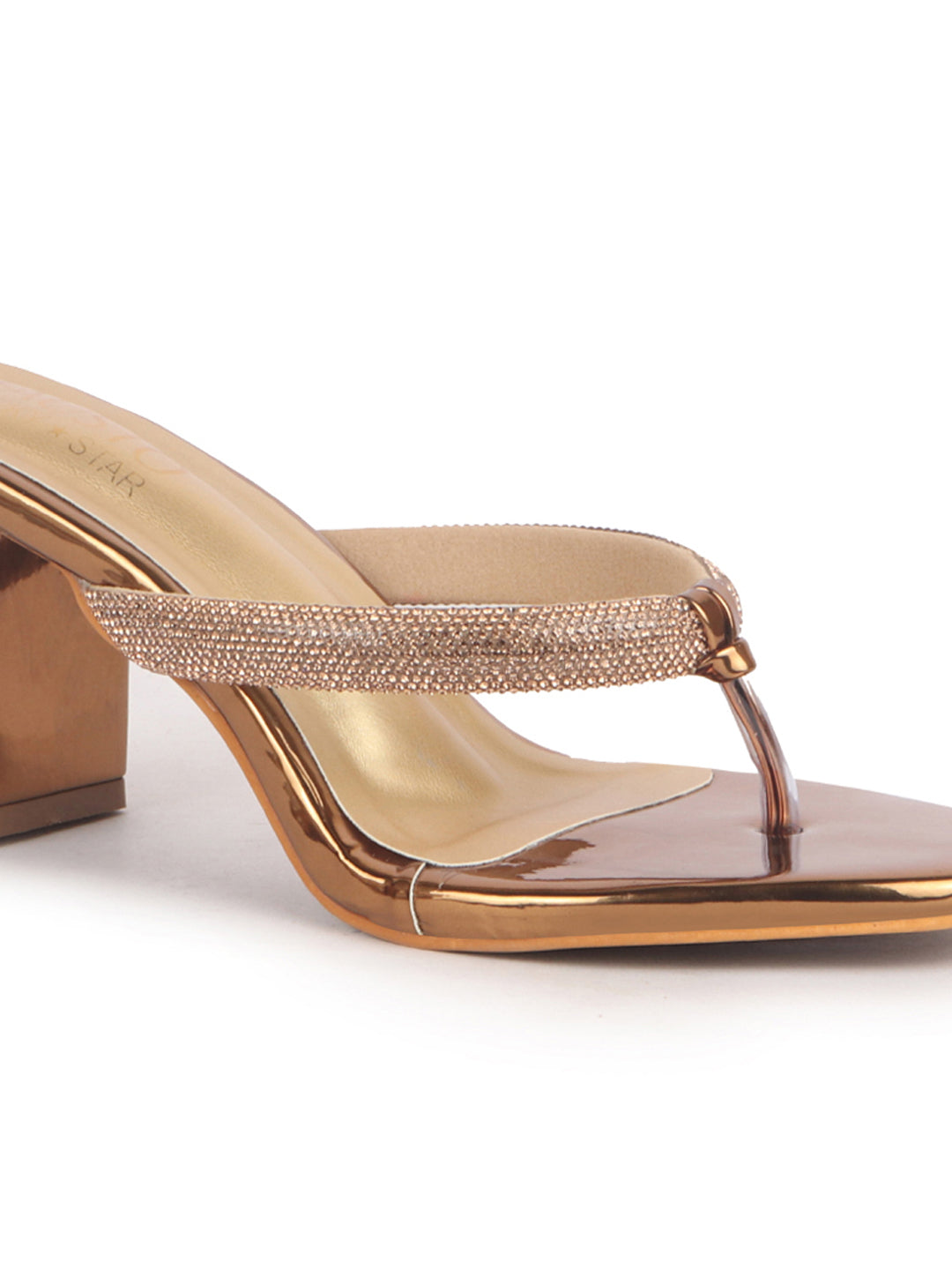 Women Copper T-Strap Block Heel Wedding Sandals with Shimmering Strap | Party-Ready 3 Inch Heel Slip-On Sandal | Glossy Finish for Evening Elegance