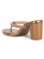 Women Copper T-Strap Block Heel Wedding Sandals with Shimmering Strap | Party-Ready 3 Inch Heel Slip-On Sandal | Glossy Finish for Evening Elegance