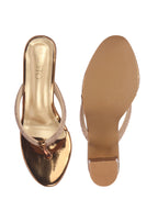 Women Copper T-Strap Block Heel Wedding Sandals with Shimmering Strap | Party-Ready 3 Inch Heel Slip-On Sandal | Glossy Finish for Evening Elegance