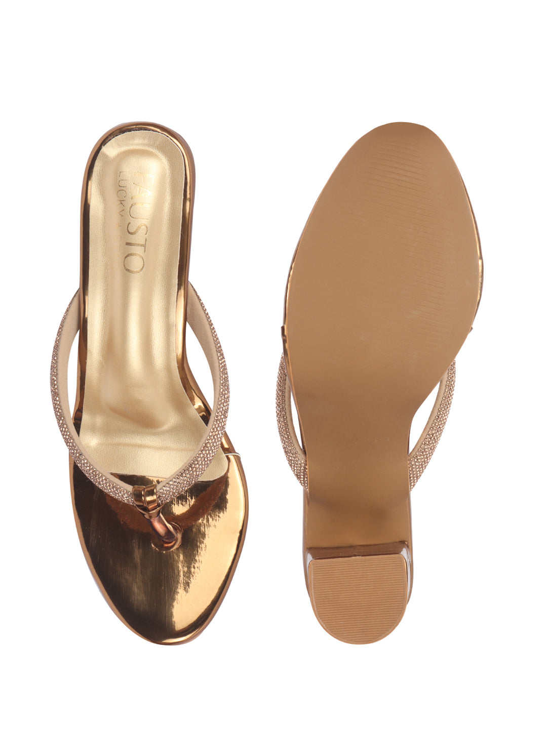 Women Copper T-Strap Block Heel Wedding Sandals with Shimmering Strap | Party-Ready 3 Inch Heel Slip-On Sandal | Glossy Finish for Evening Elegance
