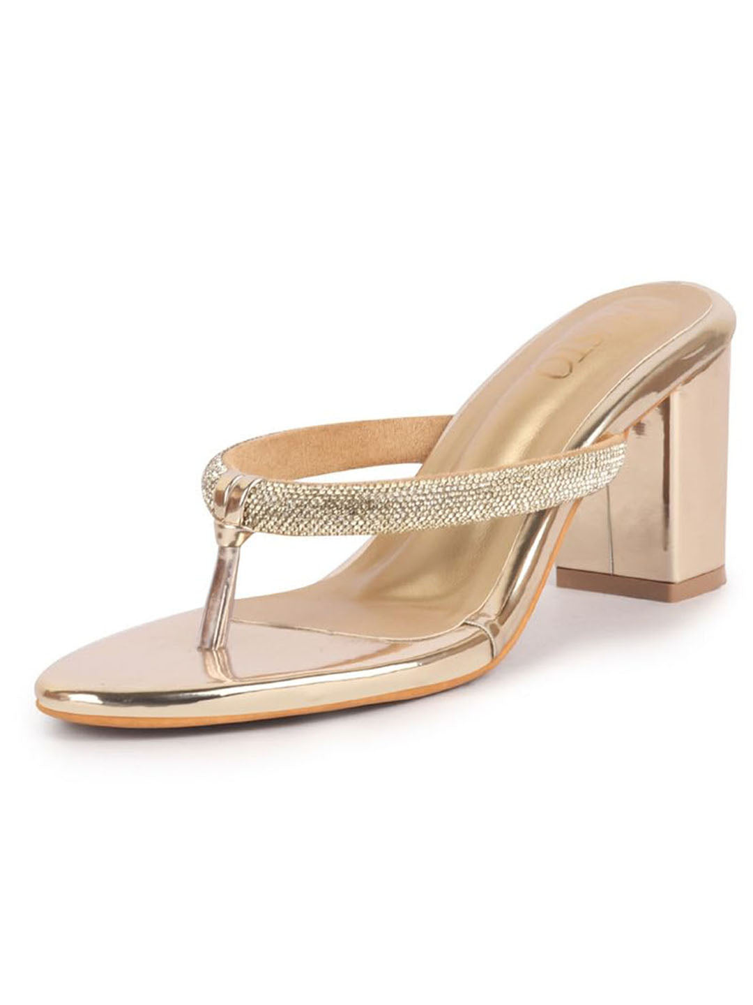 Women Gold T-Strap Block Heel Wedding Sandals with Shimmering Strap | Party-Ready 3 Inch Heel Slip-On Sandal | Glossy Finish for Evening Elegance