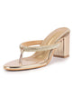 Women Gold T-Strap Block Heel Wedding Sandals with Shimmering Strap | Party-Ready 3 Inch Heel Slip-On Sandal | Glossy Finish for Evening Elegance