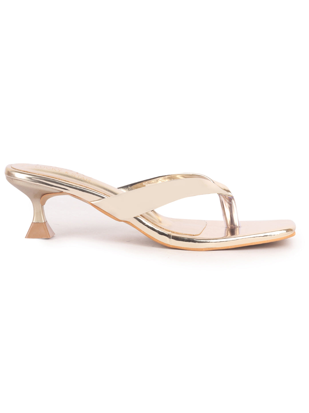 Women Gold Kitten Heel Slip-On Formal Sandals with T-Strap Design and Glossy Finish | Elegant 2.5 Inch Low Heels Thong Slippers for Work, Office, Party Wear