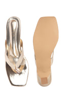 Women Gold Kitten Heel Slip-On Formal Sandals with T-Strap Design and Glossy Finish | Elegant 2.5 Inch Low Heels Thong Slippers for Work, Office, Party Wear